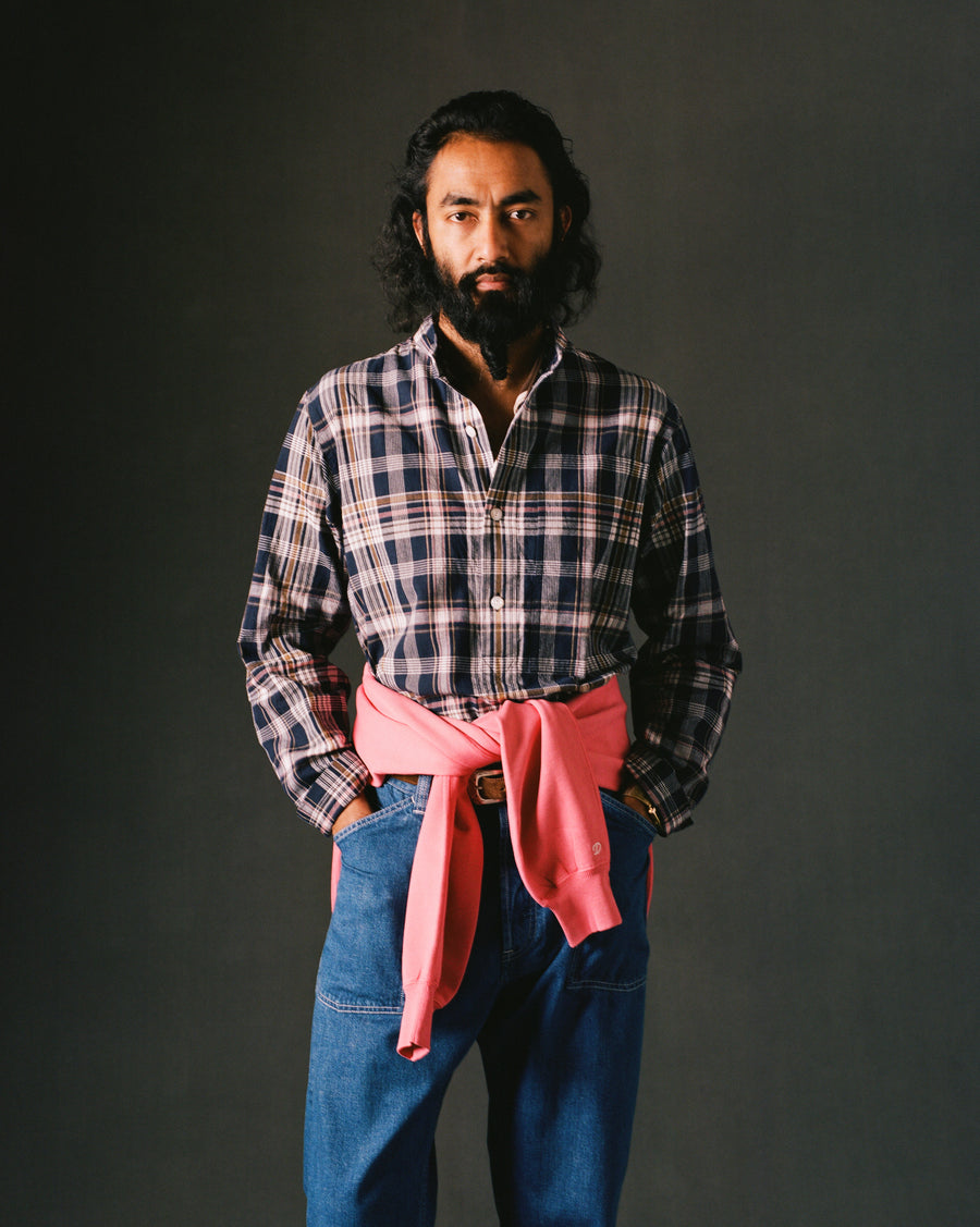 Navy, White and Yellow Madras Check Cotton Mandarin Collar Popover Shirt