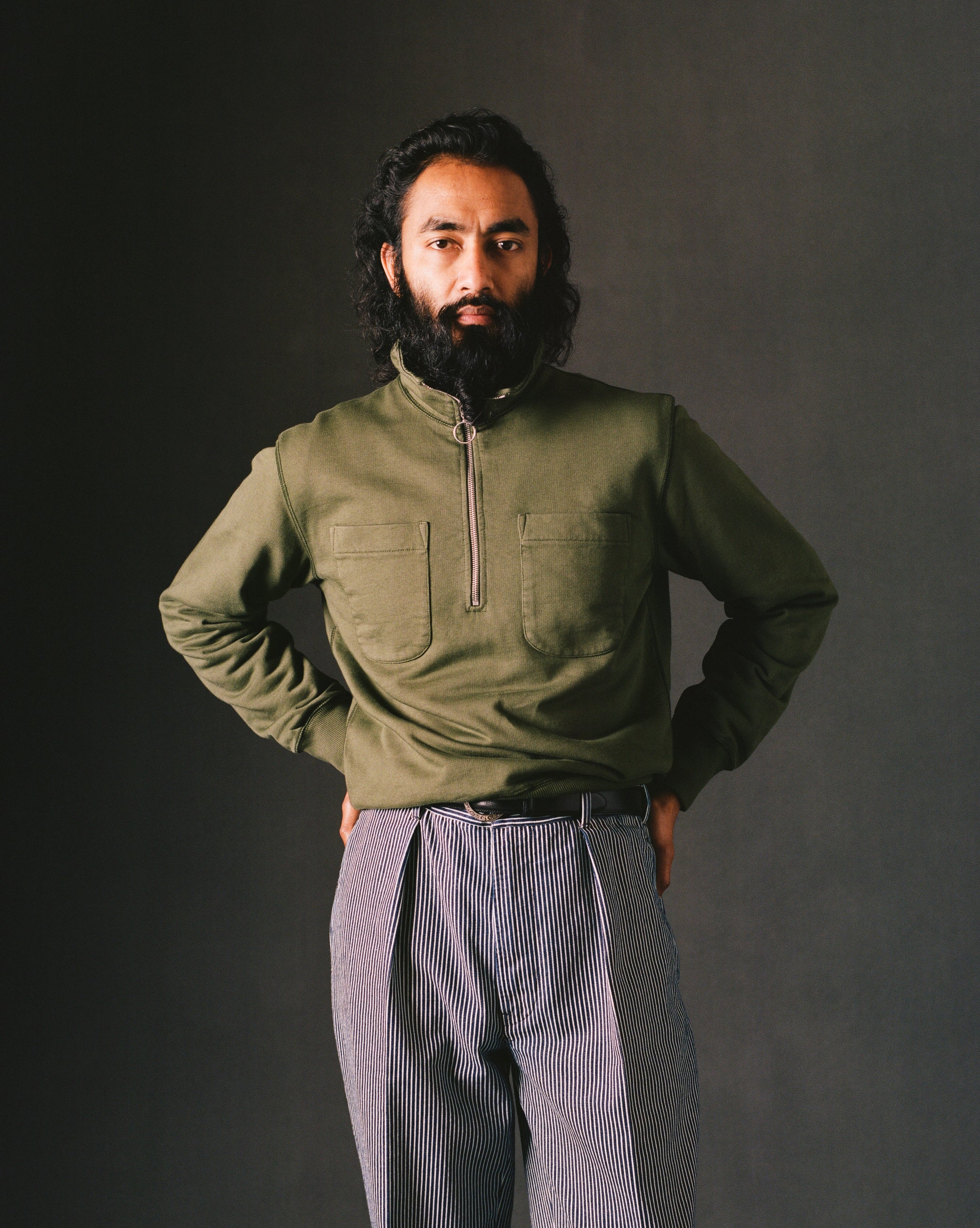 Khaki Green Cotton Quarter Zip Collared Sweatshirt