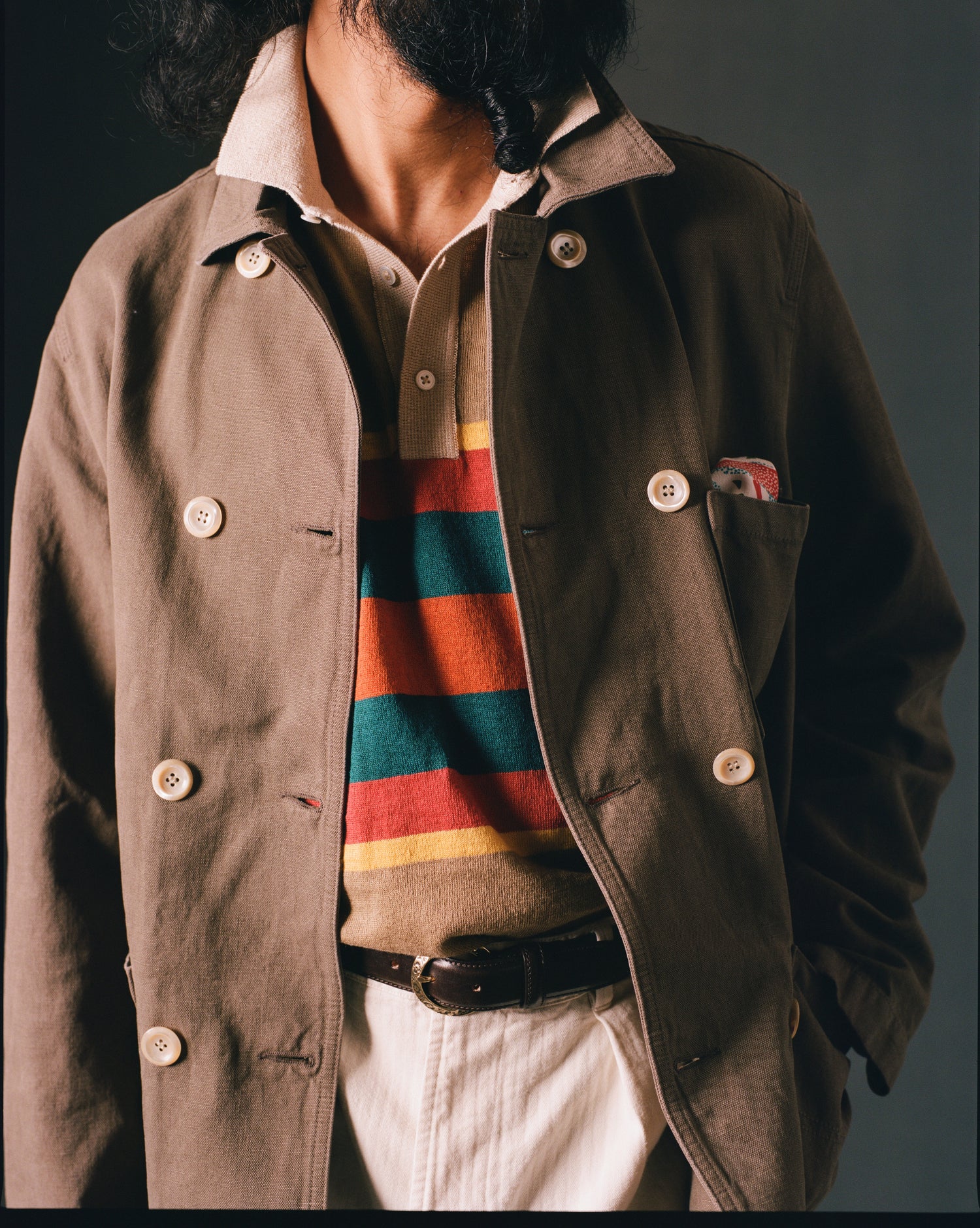 Brown Cotton-Linen Double-Breasted Chore Coat