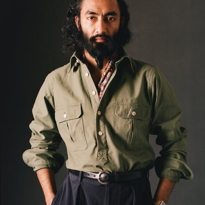 Green Satin Cotton Popover Work Shirt Green Satin Cotton Popover Work Shirt