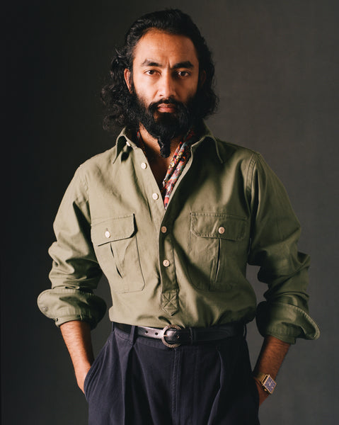 Green Satin Cotton Popover Work Shirt – Drakes US
