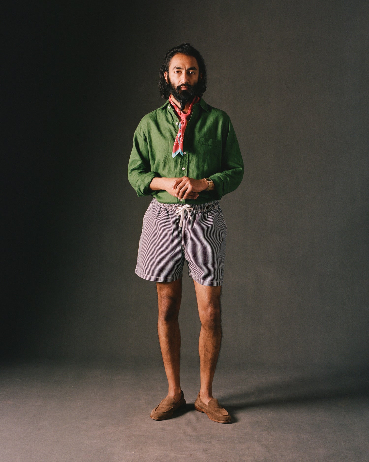 Indigo Stripe Cotton Drawstring Shorts