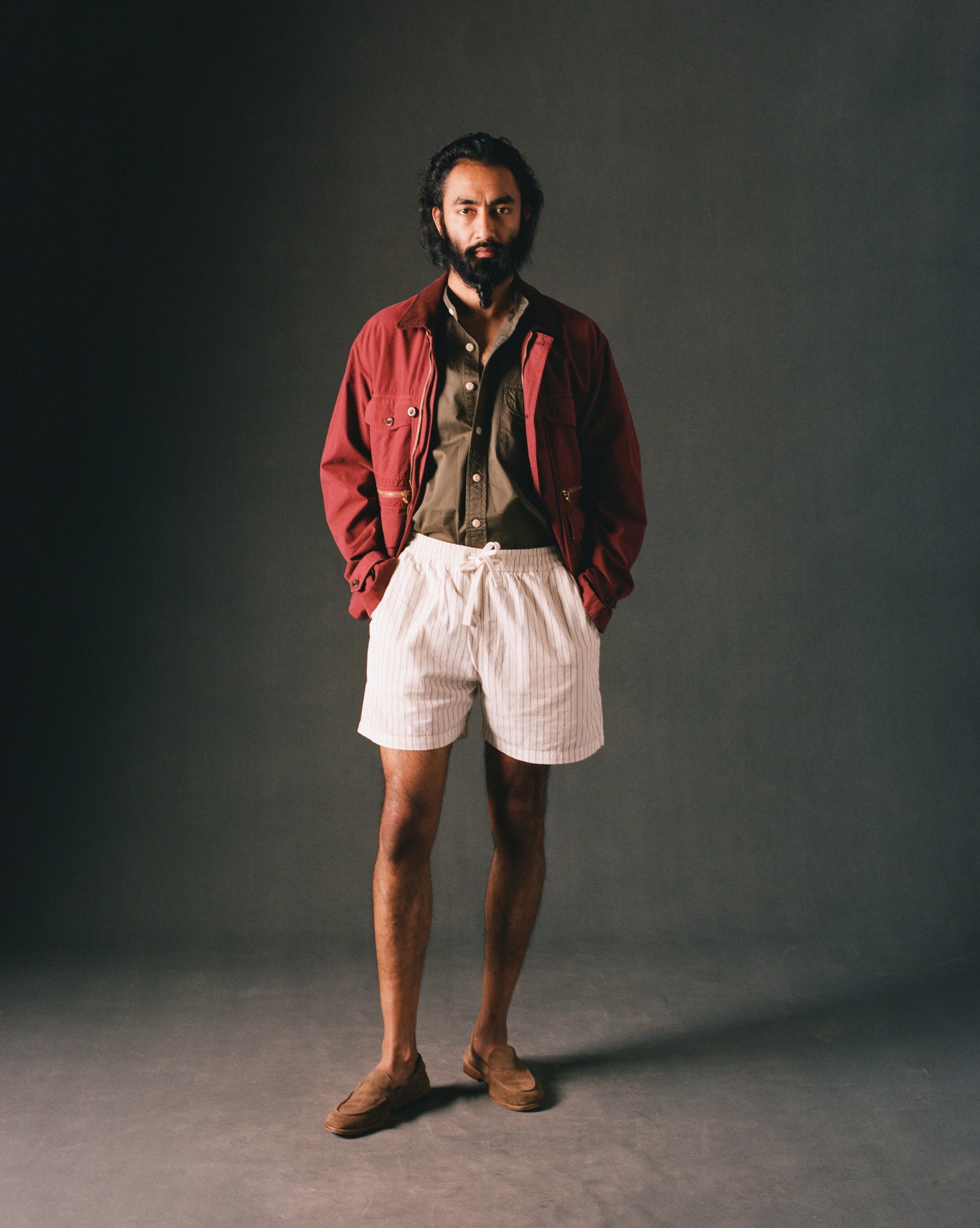 Ecru Pin Stripe Cotton Drawstring Shorts