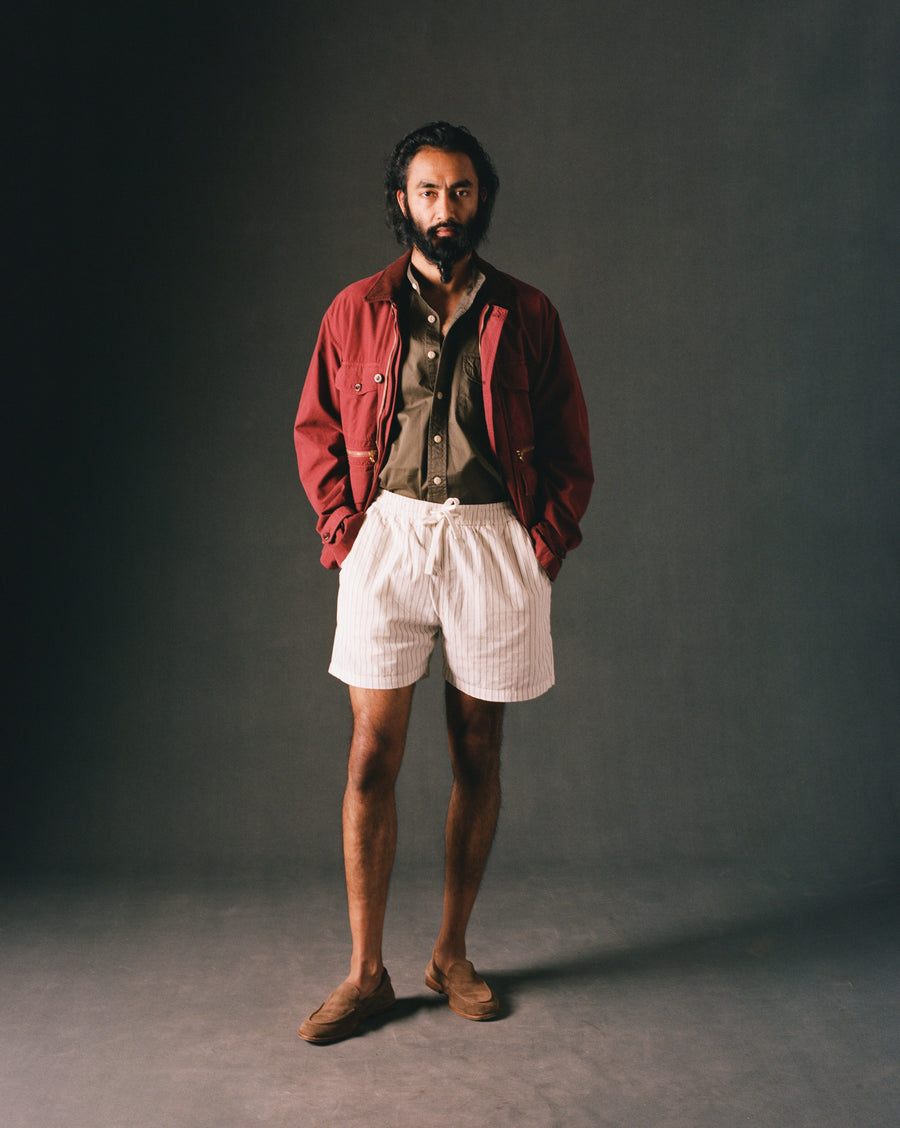 Ecru Pin Stripe Cotton Drawstring Shorts