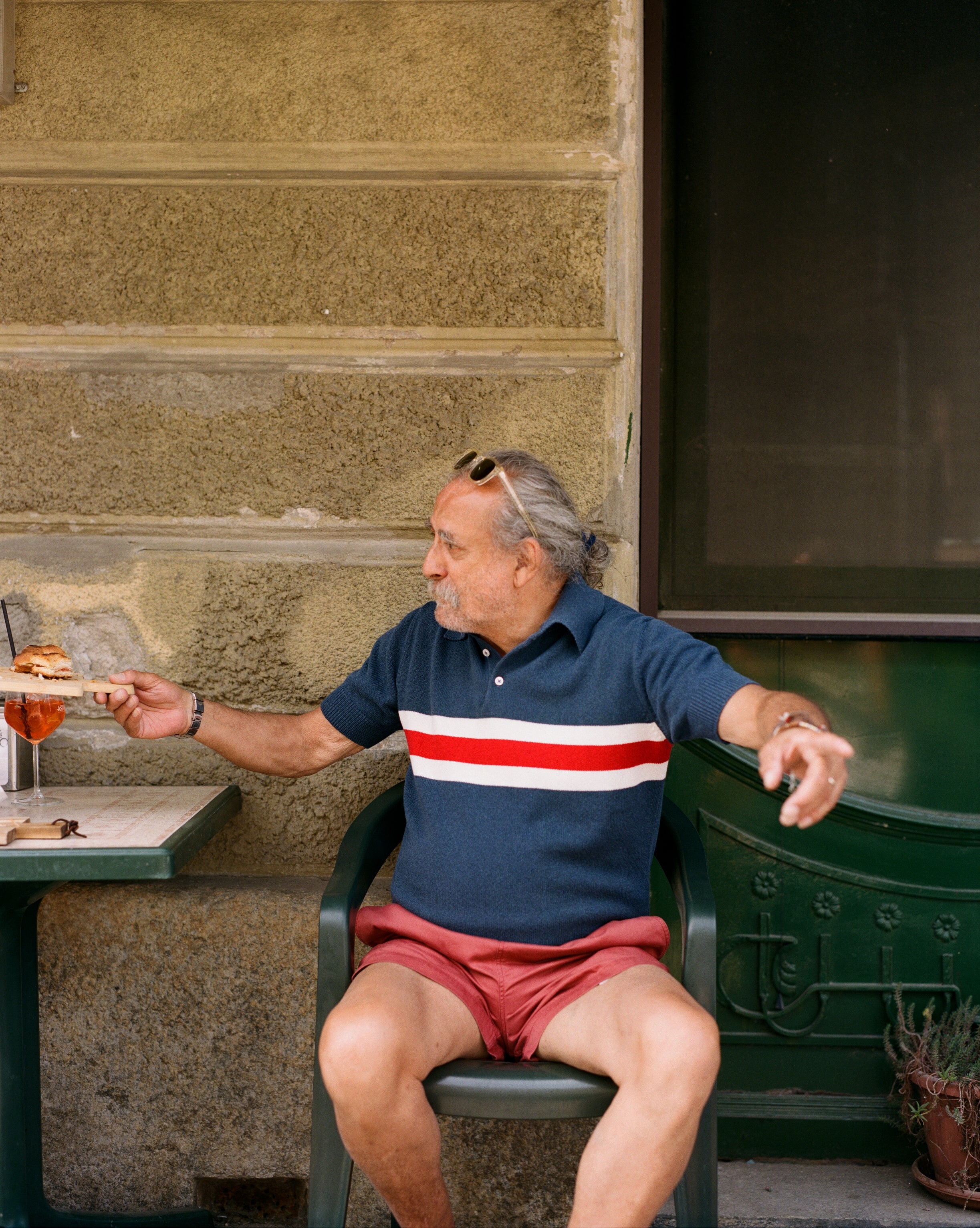 Blue Stripe Knitted Crepe Cotton Short-Sleeve Polo Shirt