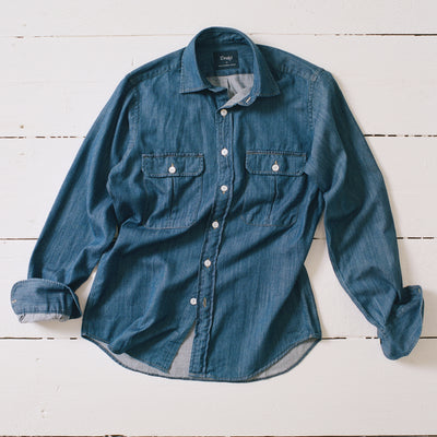 Mid-Blue Washed Denim Cotton Two-Pocket Work Shirt Drakes US Mid-Blue Washed Denim Cotton Two-Pocket Work Shirt Drakes US
