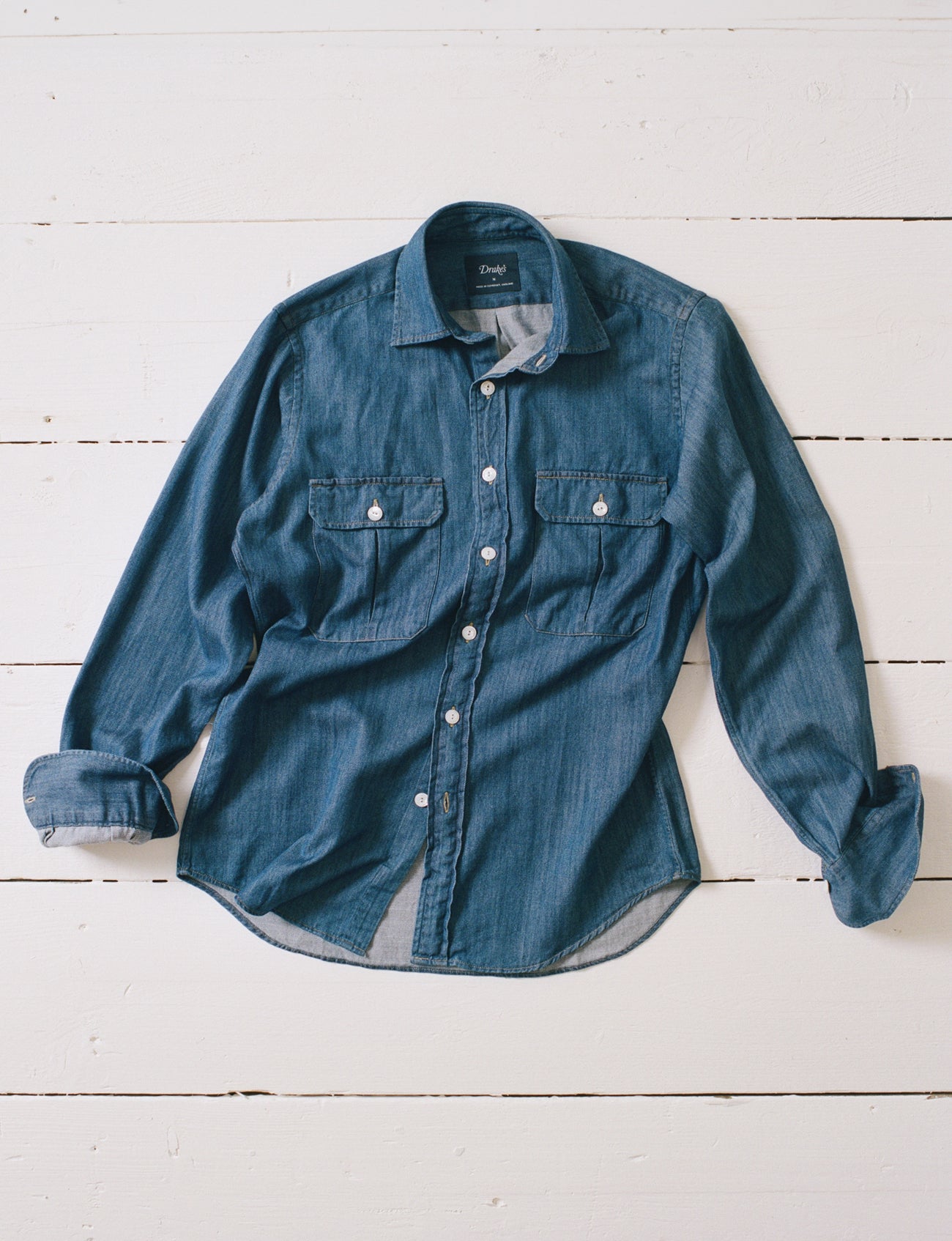 Mid-Blue Washed Denim Cotton Two-Pocket Work Shirt