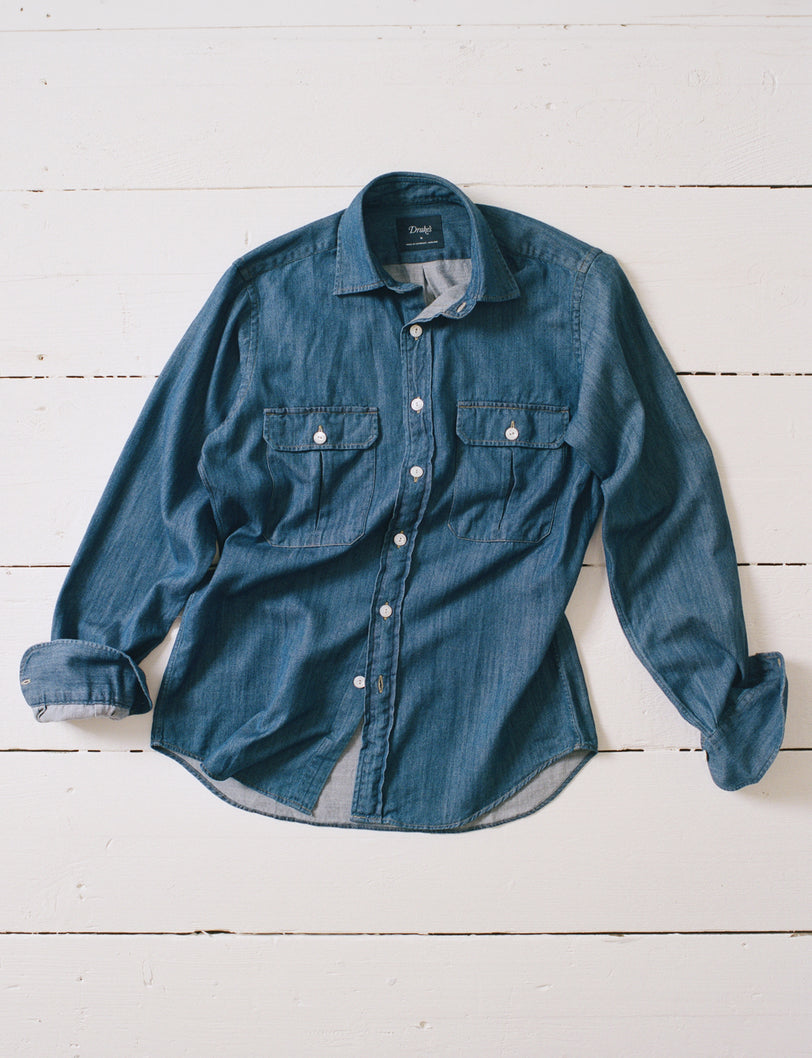 Mid-Blue Washed Denim Cotton Two-Pocket Work Shirt
