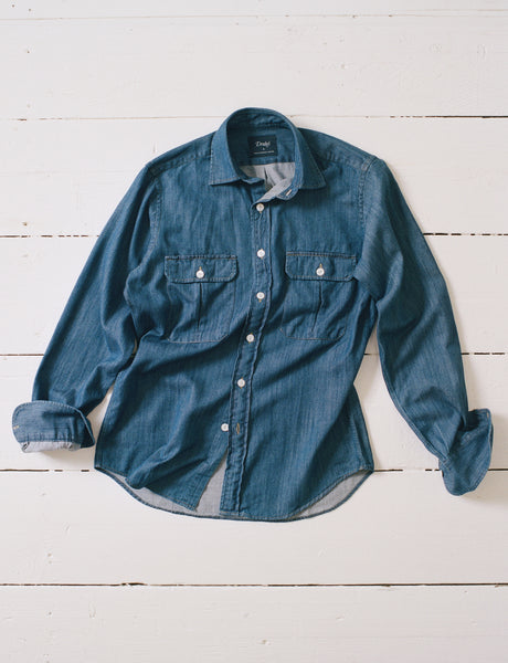Mid-Blue Washed Denim Cotton Two-Pocket Work Shirt – Drakes US