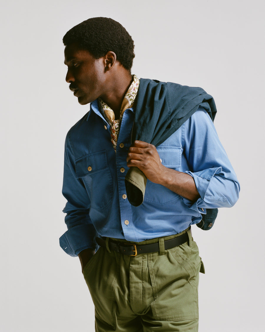 Blue Cotton Long Point Collar Work Shirt