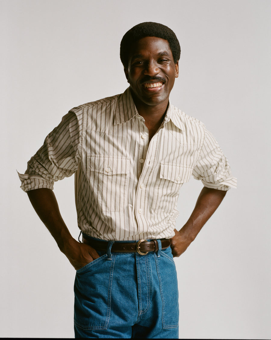 Ecru Stripe Cotton Two-Pocket Western Shirt