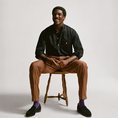 black dress shirt with tan pants Black Cotton Mandarin Collar Shirt