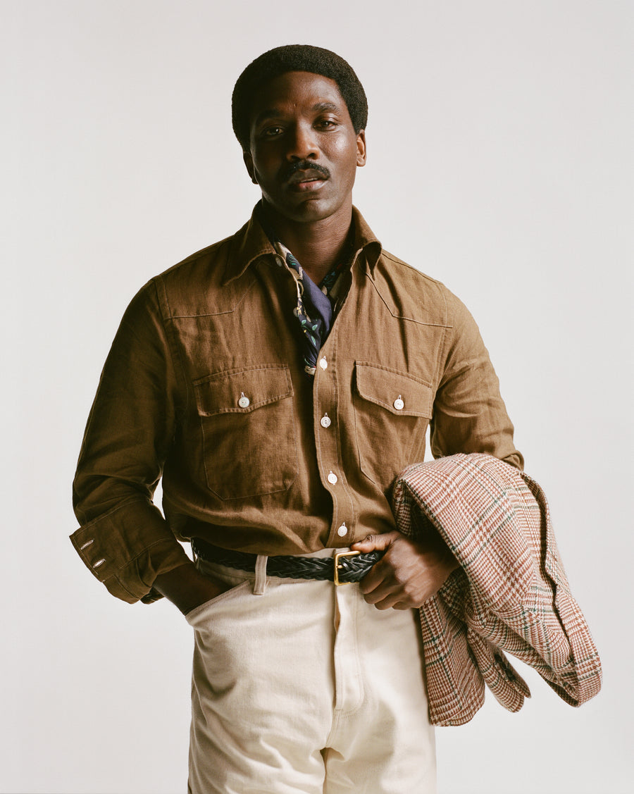 Brown Linen Two-Pocket Western Shirt