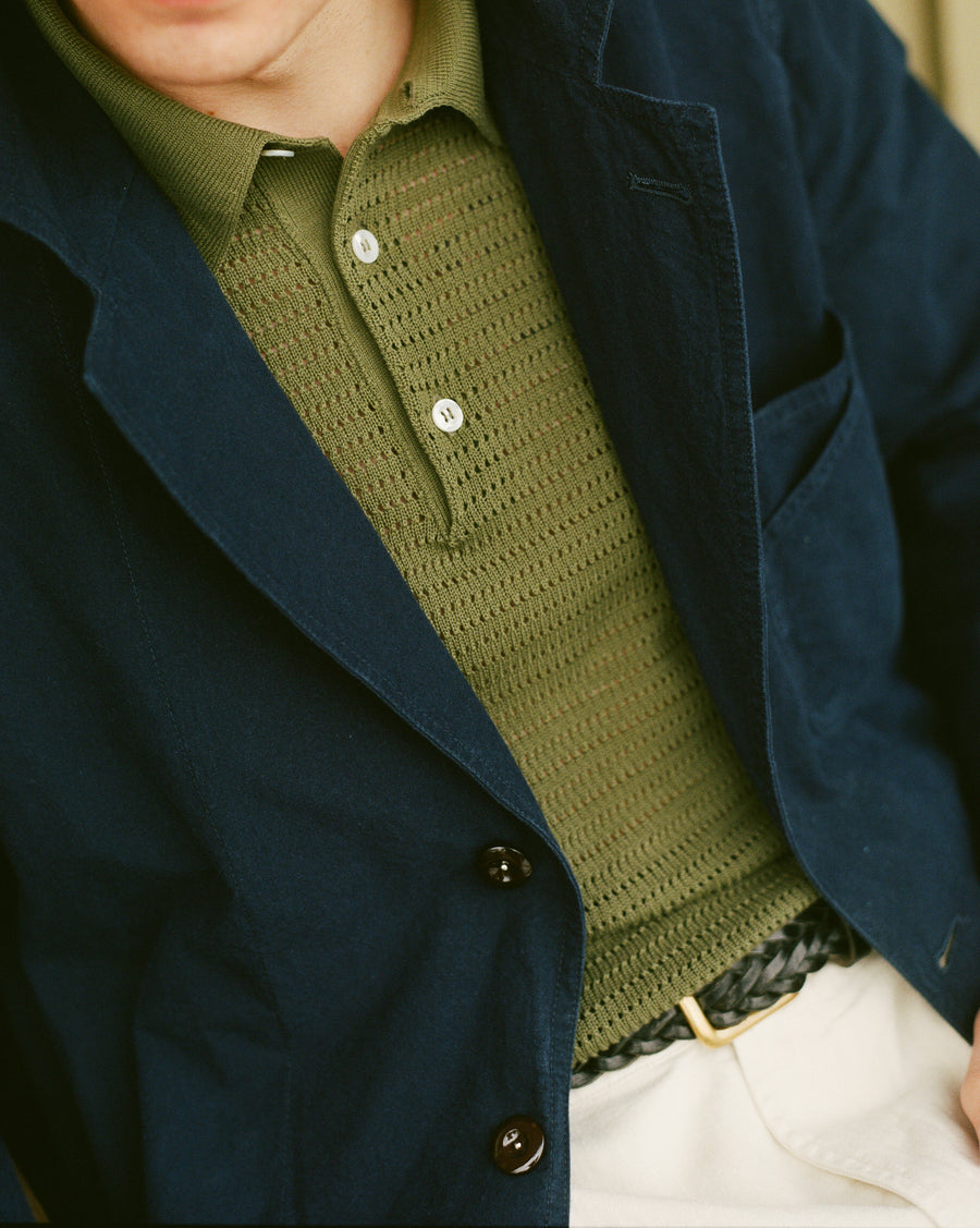 Olive Waffle Knit Cotton Short-Sleeve Polo Shirt