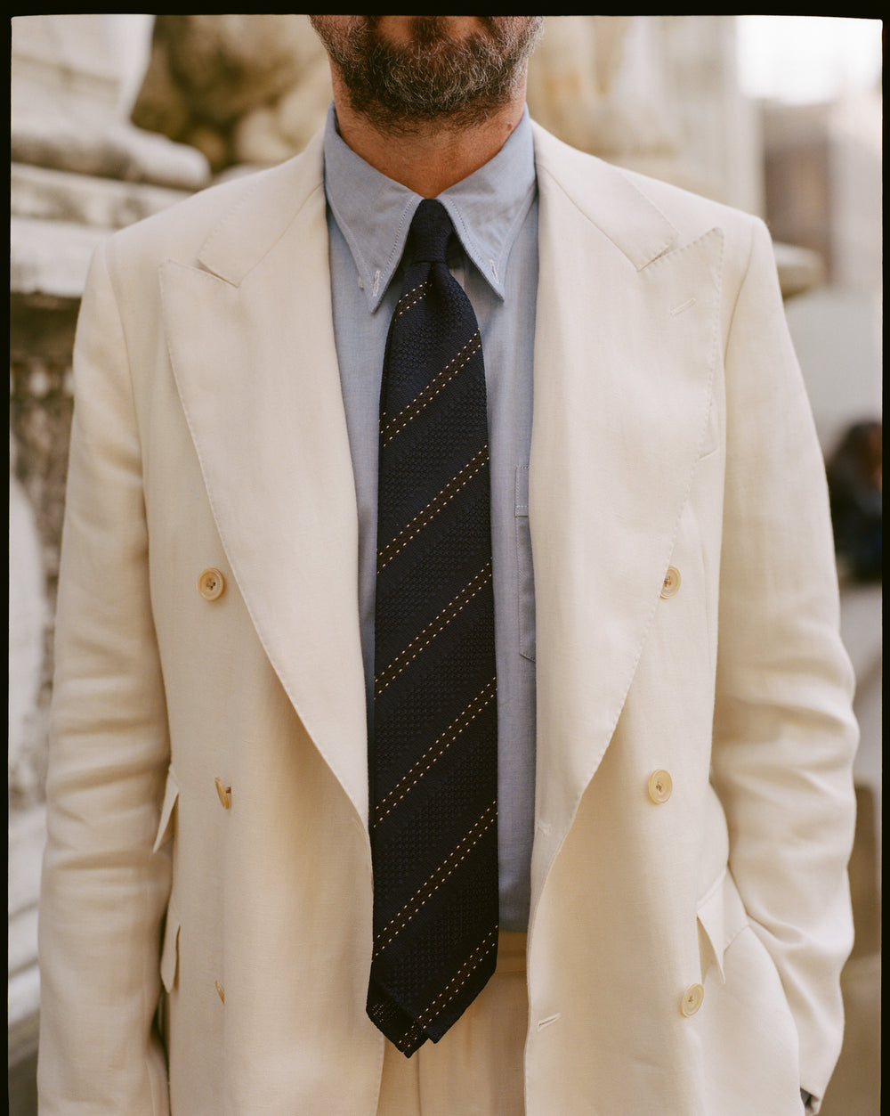 Ecru Ramie-Canapa Double-Breasted Tailored Jacket