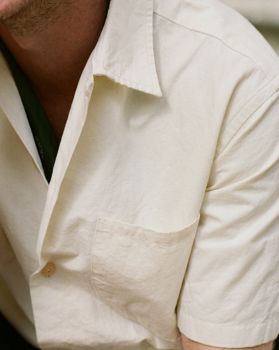 Ecru Cotton-Hemp Camp Collar Short Sleeve Shirt
