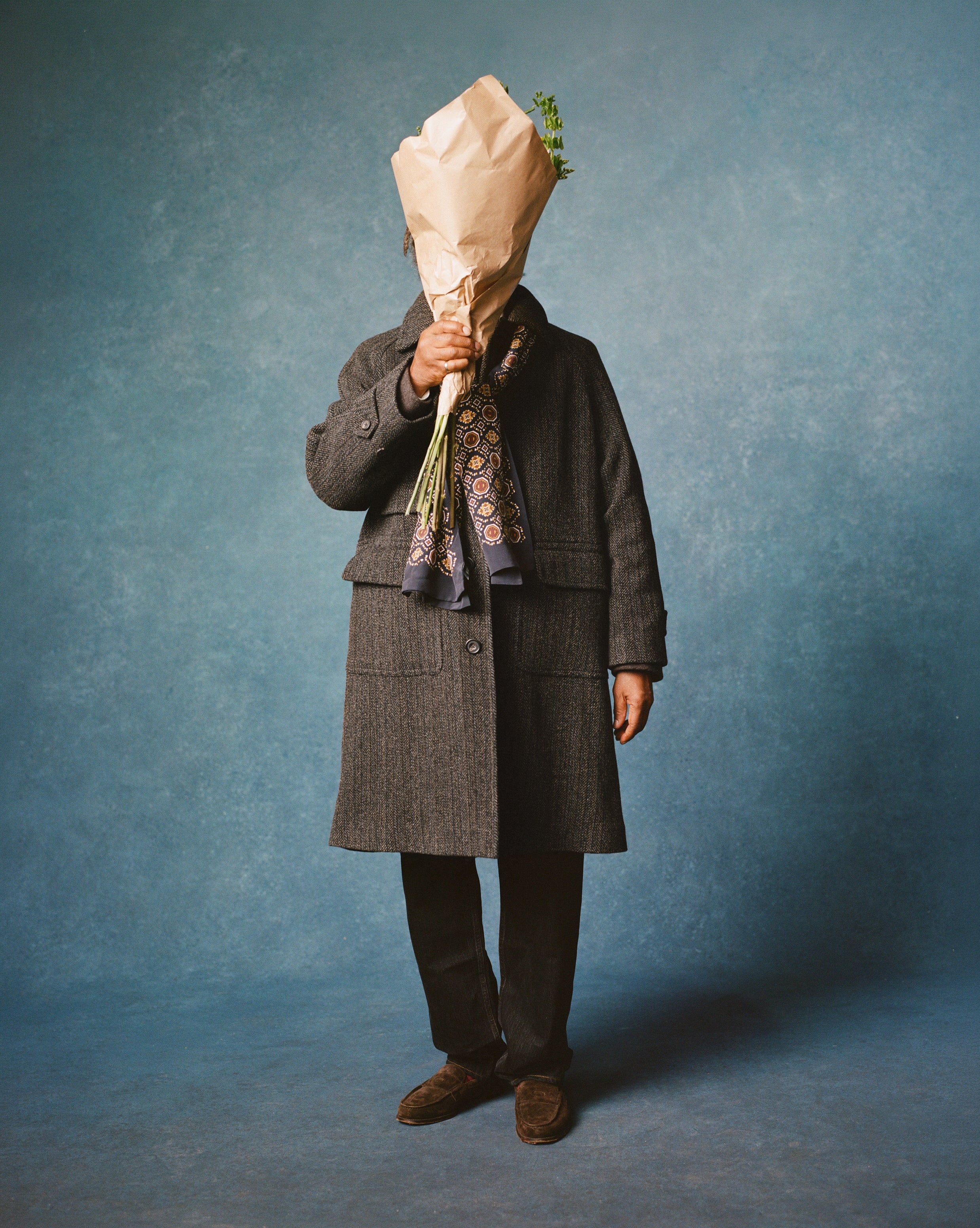 Grey Herringbone Wool Raglan Coat