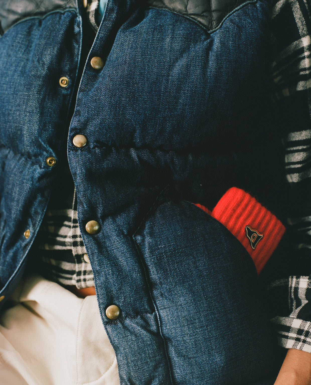 Rocky Mountain Featherbed for Drake's Indigo Denim Christy Down Vest