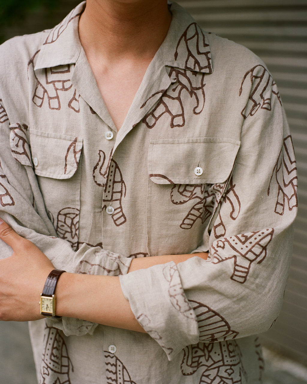 White Elephant Block Print Linen Camp Collar Long Sleeve Shirt