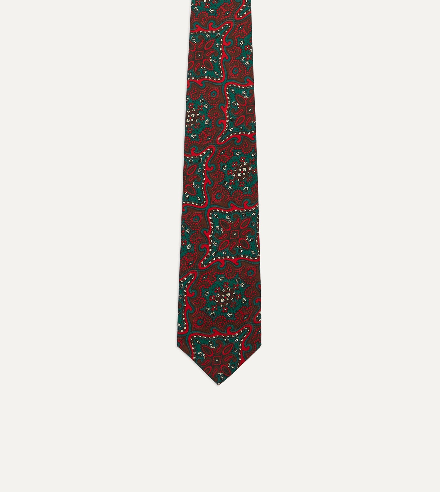 Red and Green Baroque Print Silk Self Tipped Tie