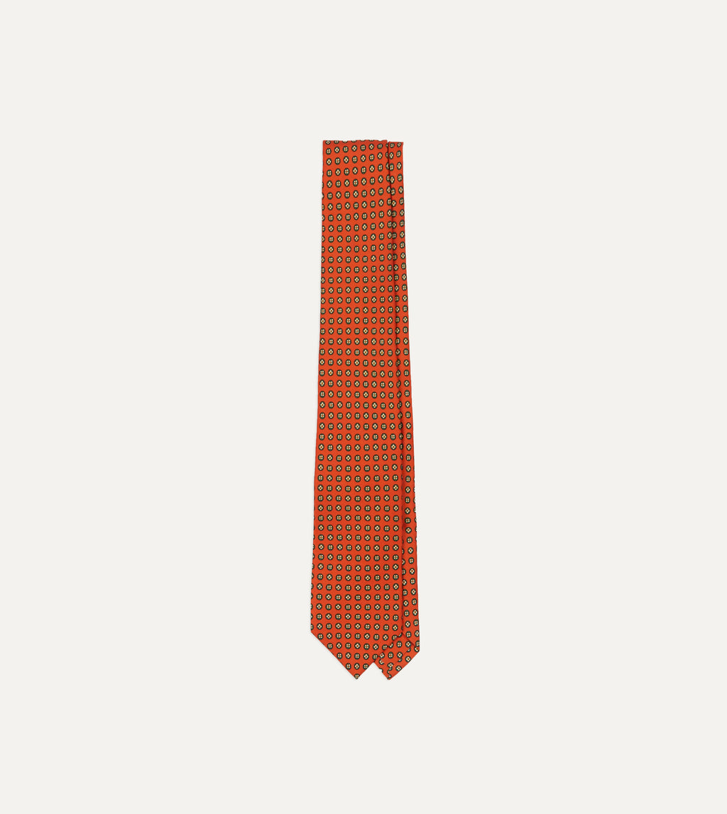 Orange Micro Geometric Print Silk Self Tipped Tie
