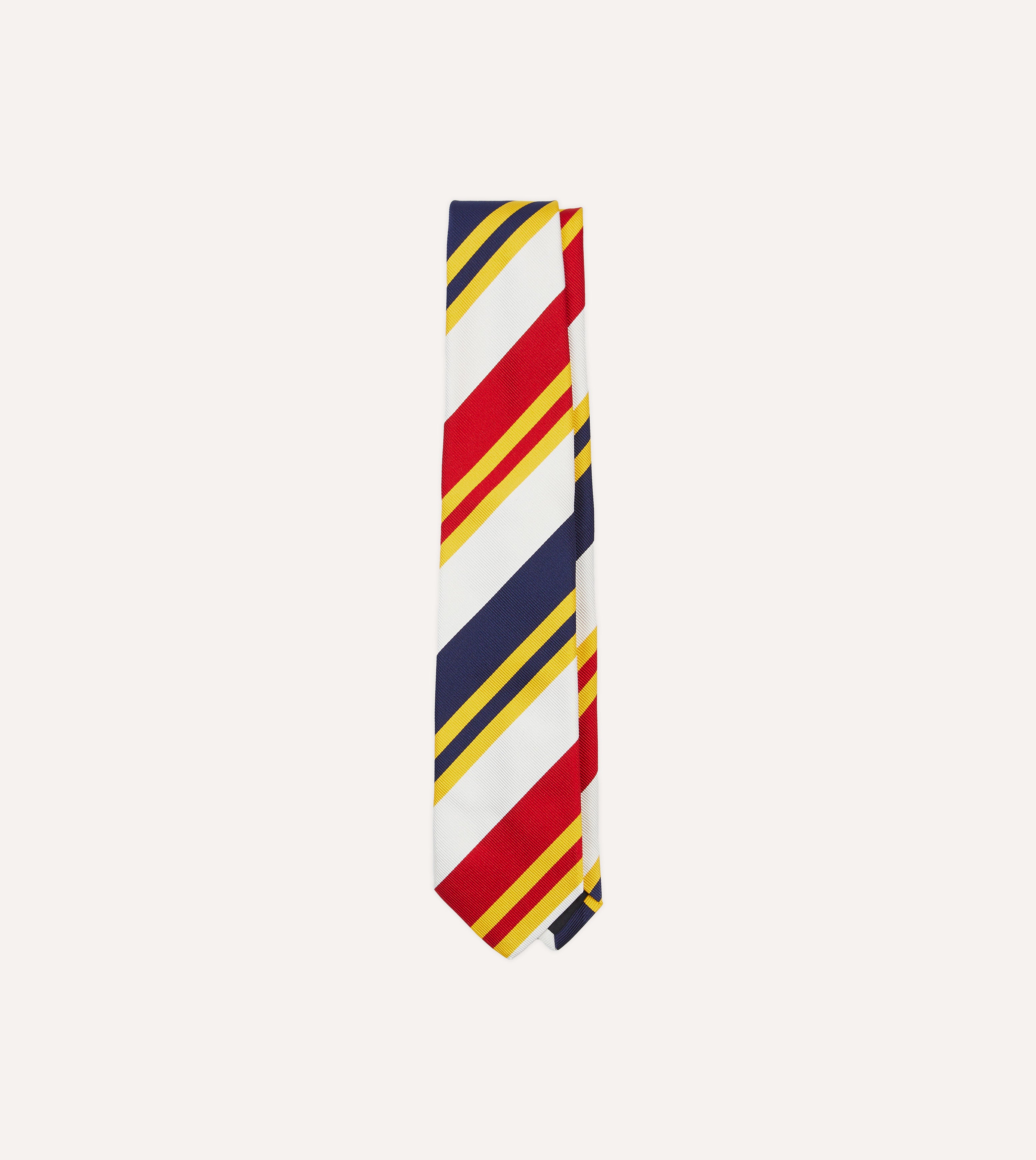 White, Navy, Yellow and Red Wide Stripe Repp Silk Tipped Tie