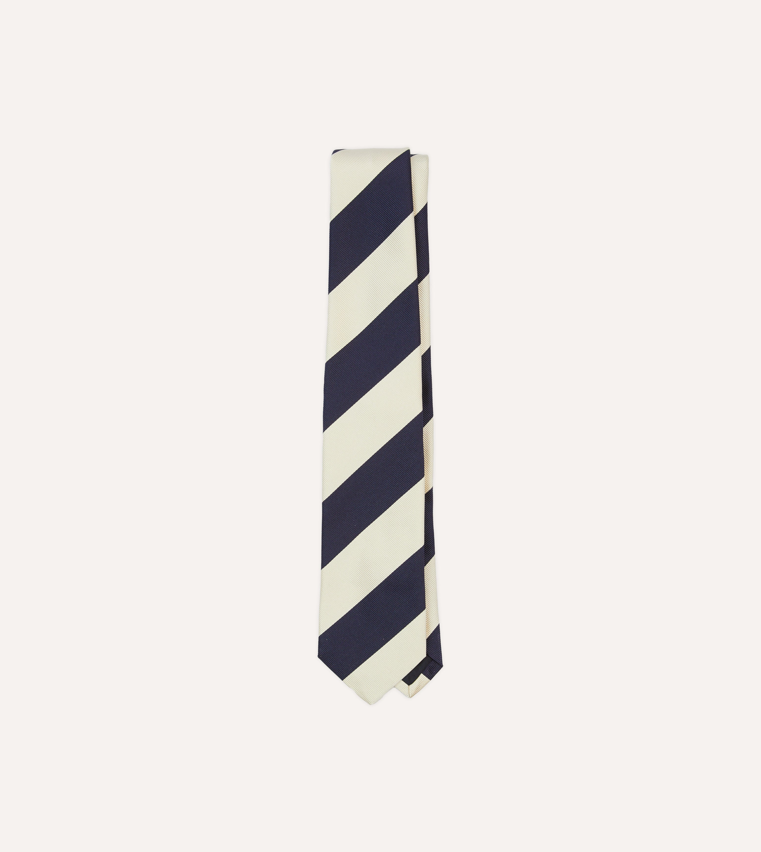 Ecru and Navy Block Stripe Repp Silk Tipped Tie