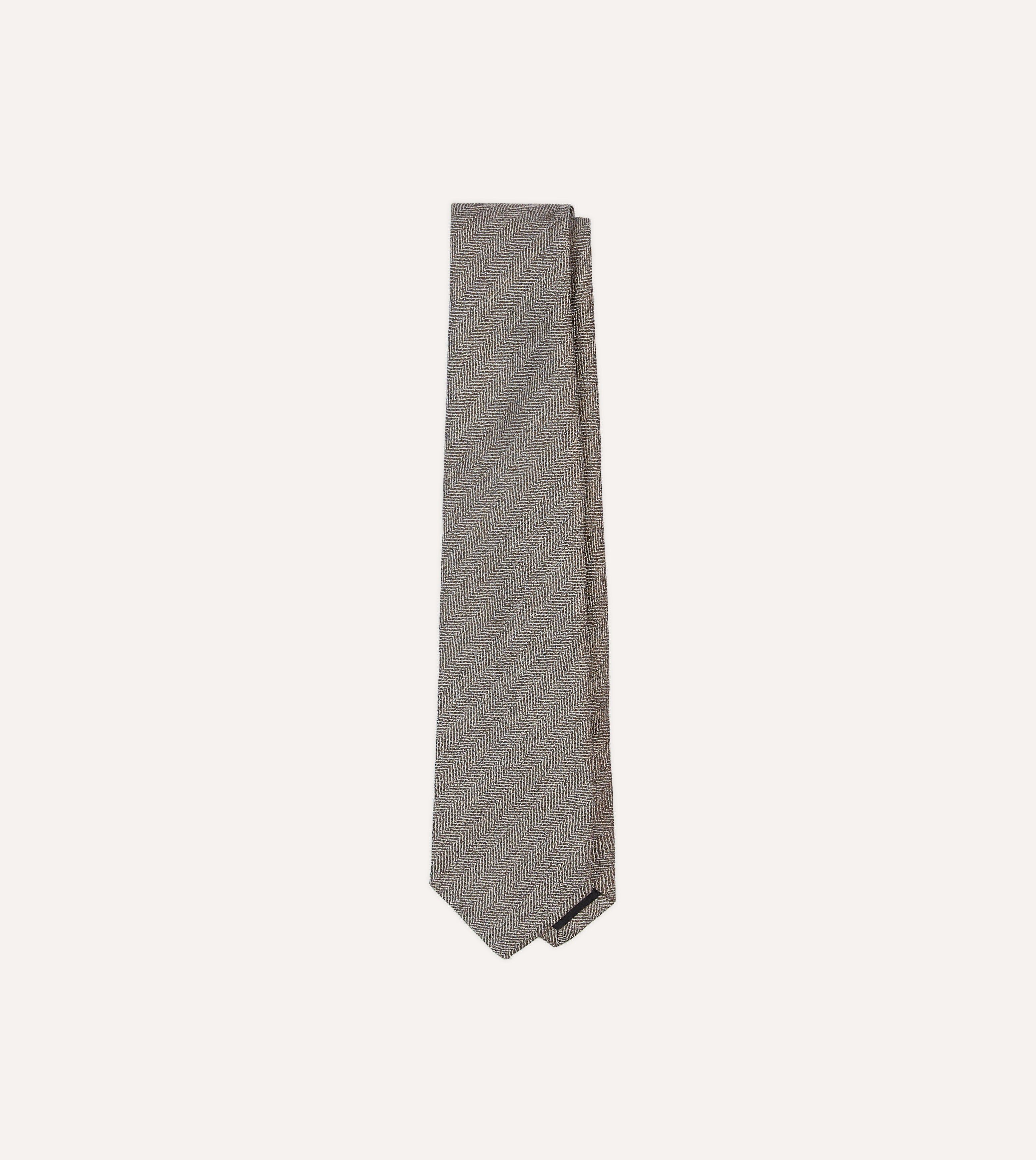 Brown and Ecru Herringbone Linen Silk Tipped Tie
