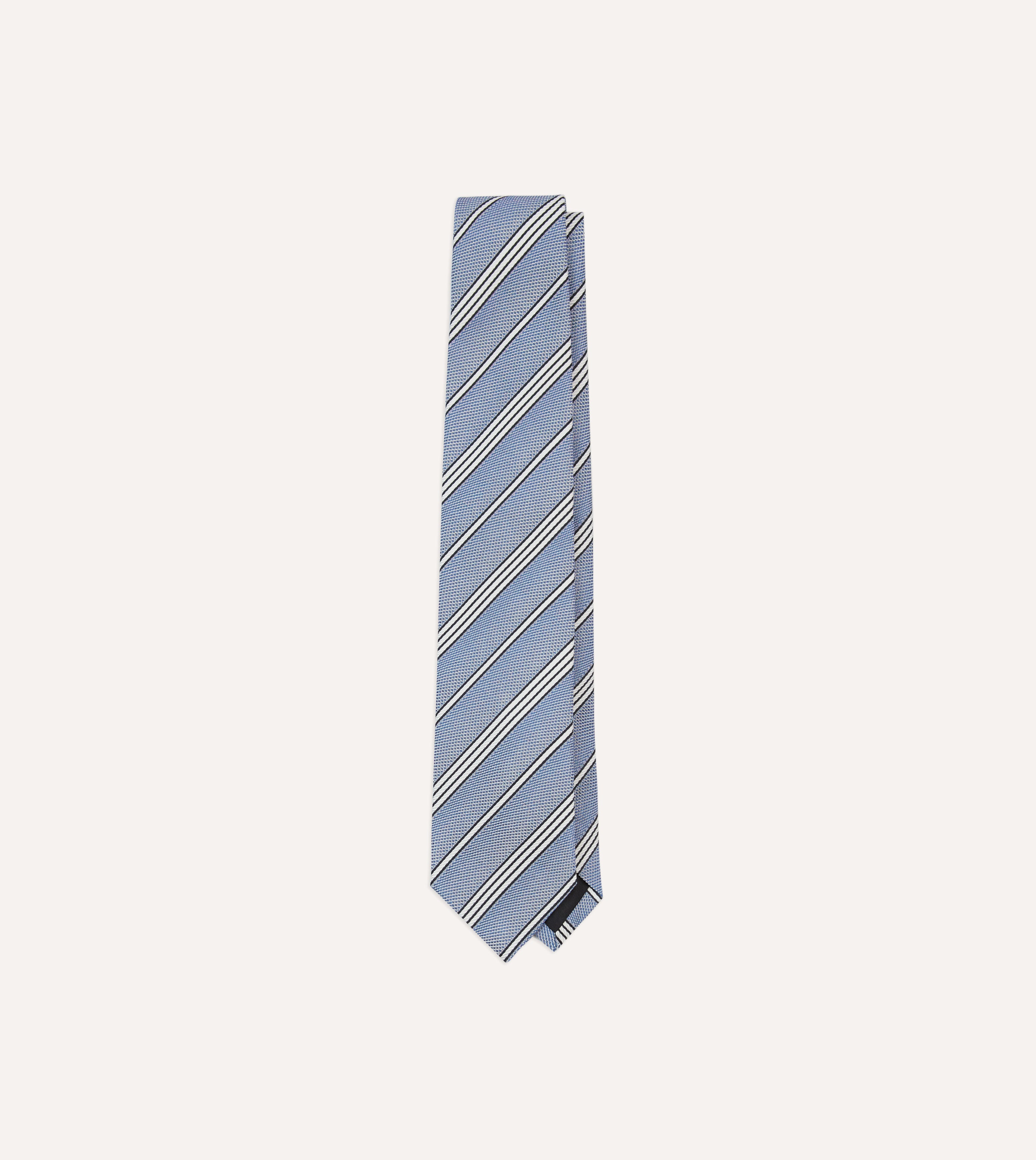 Blue, Navy and Ecru Twill Stripe Tipped Silk Grenadine Tie