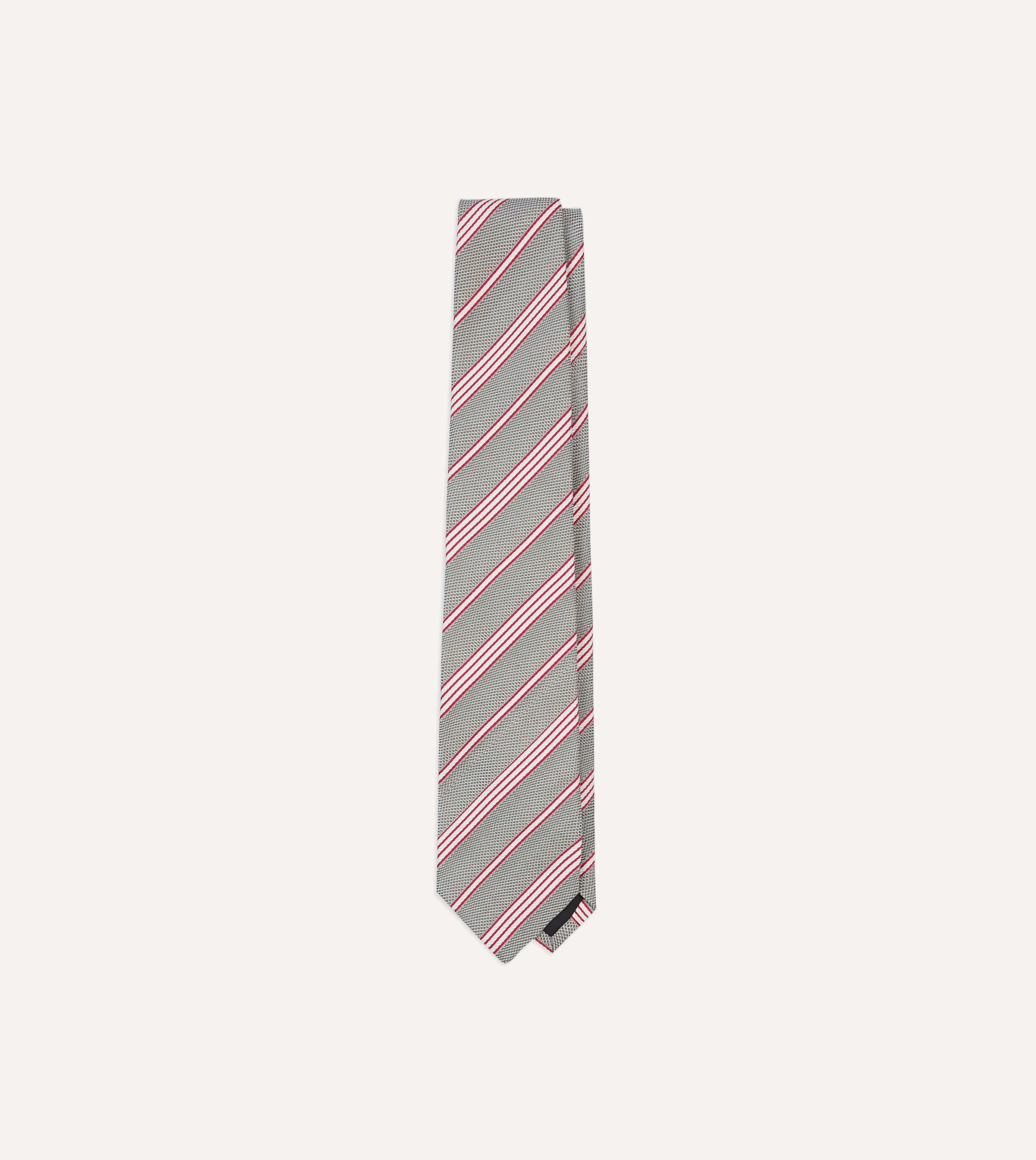 Grey, Red and Ecru Twill Stripe Tipped Silk Grenadine Tie