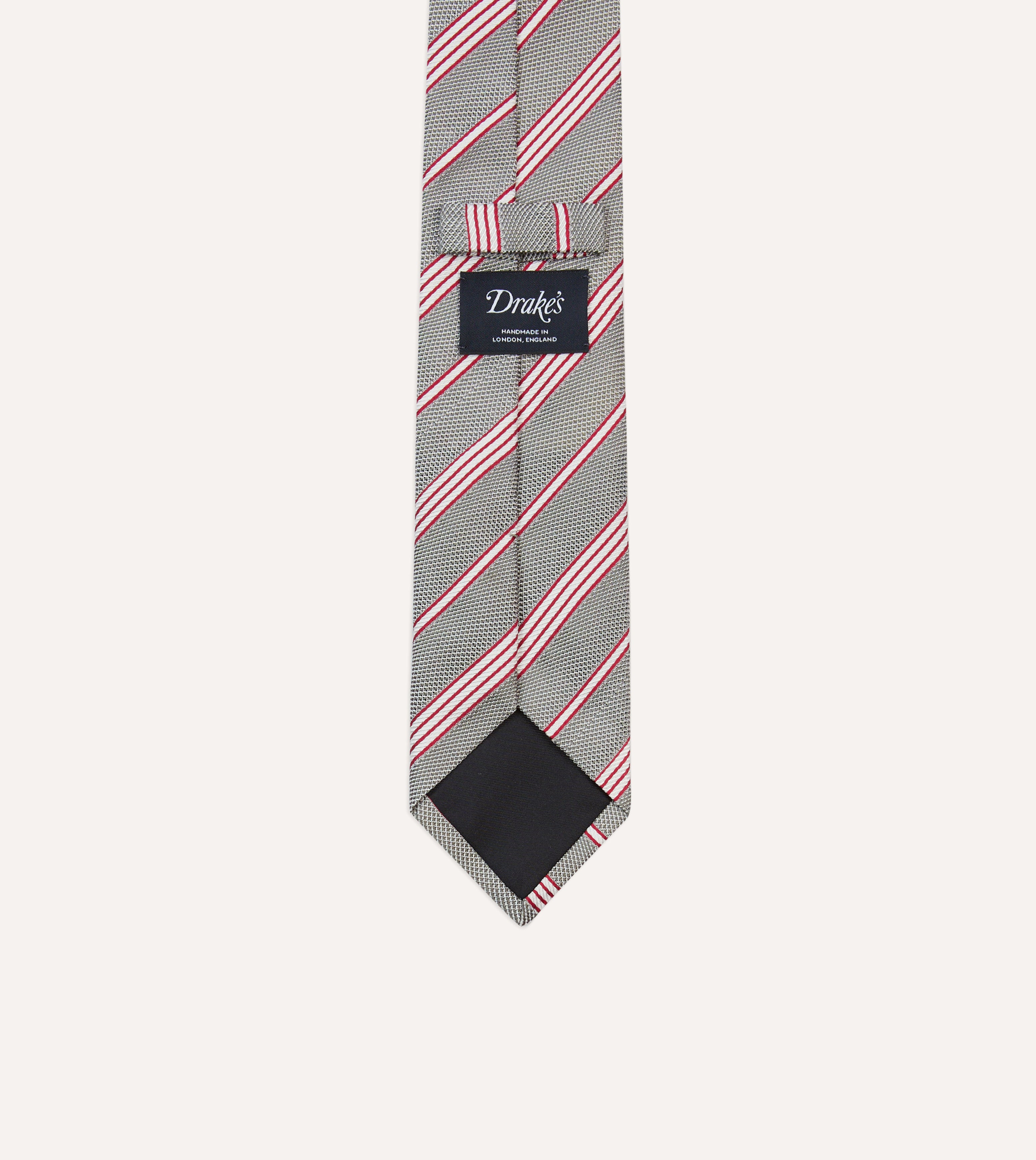 Grey, Red and Ecru Twill Stripe Tipped Silk Grenadine Tie