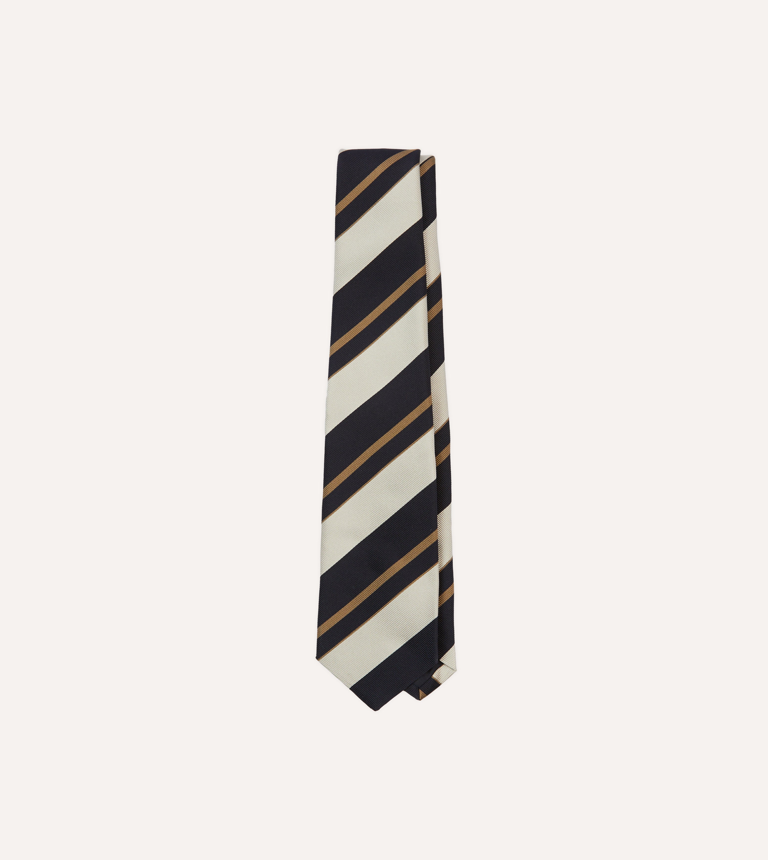 Navy, White and Fawn Stripe Repp Silk Tipped Tie