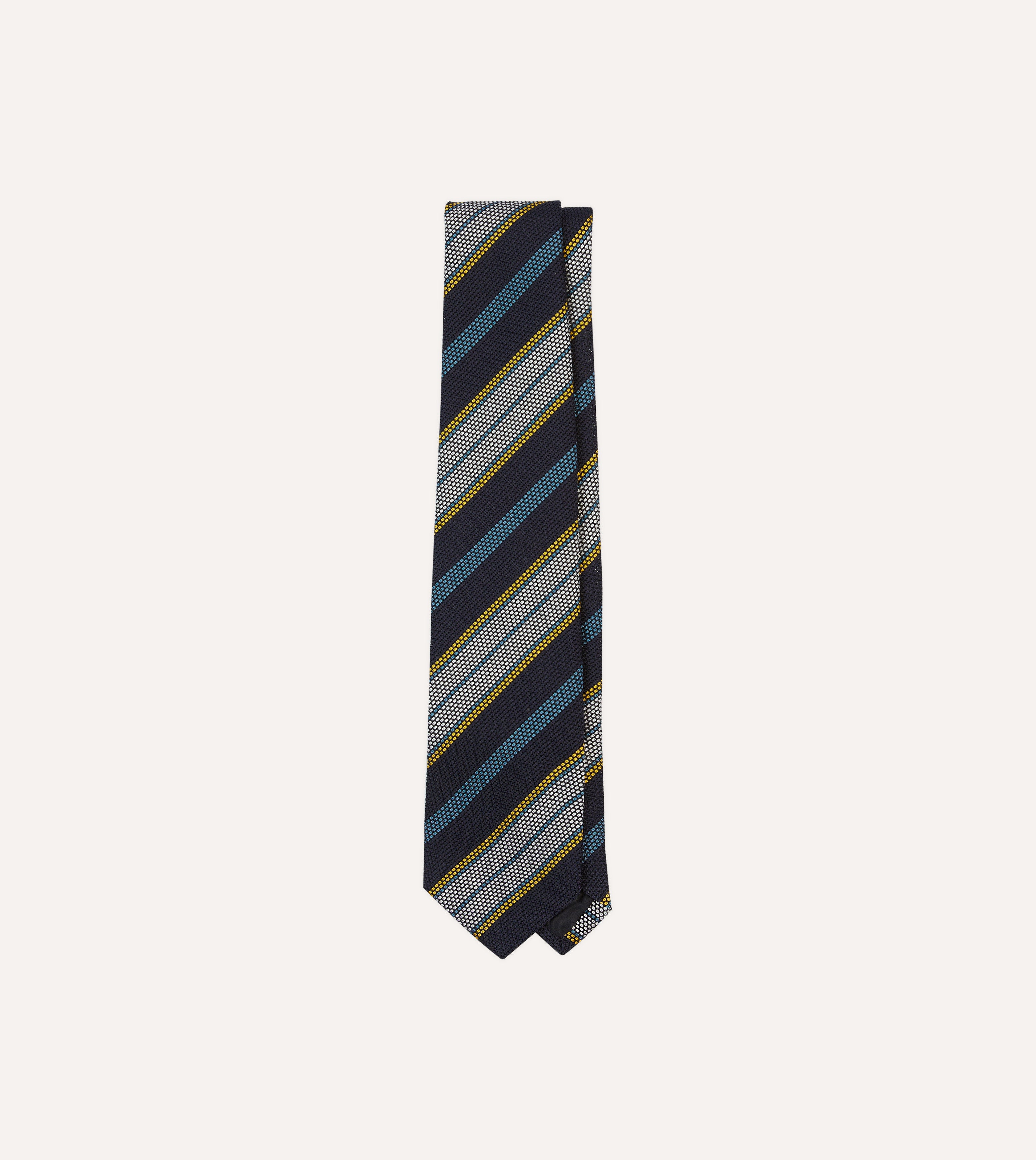 Navy, Blue, Yellow and White Multi Stripe Tipped Silk Grenadine Tie