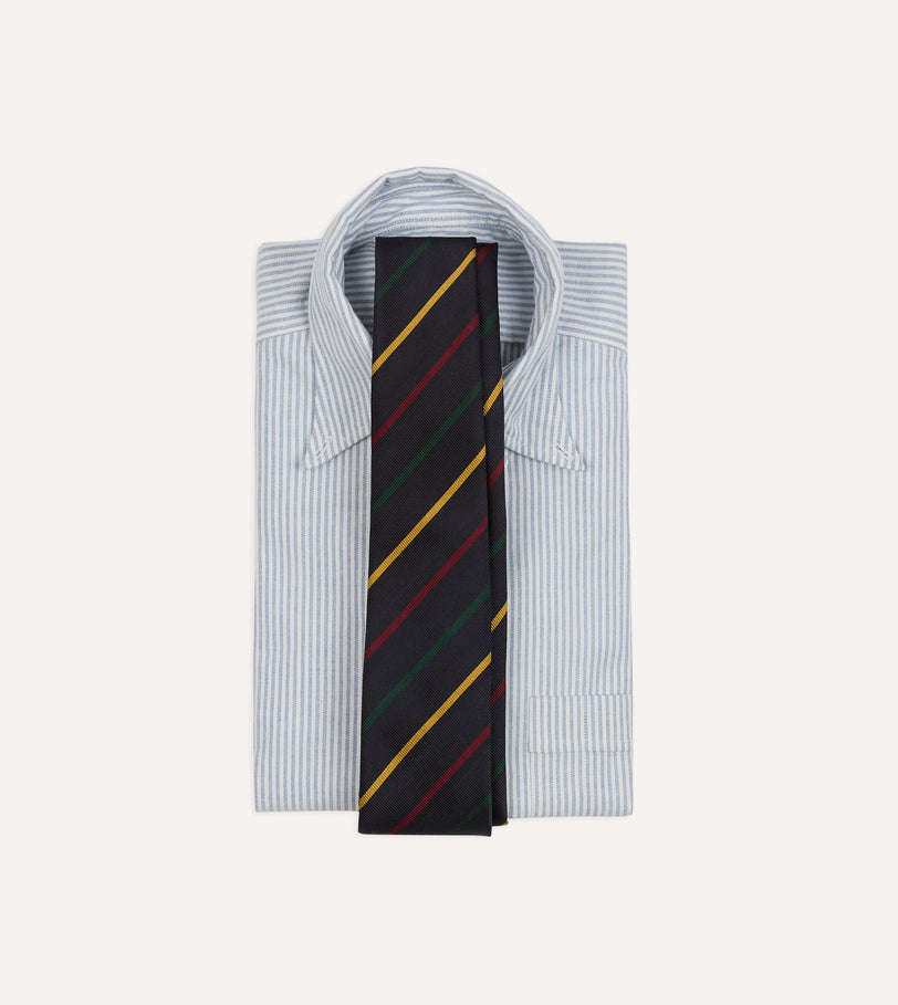 Navy, Green, Red and Yellow Stripe Repp Silk Tipped Tie