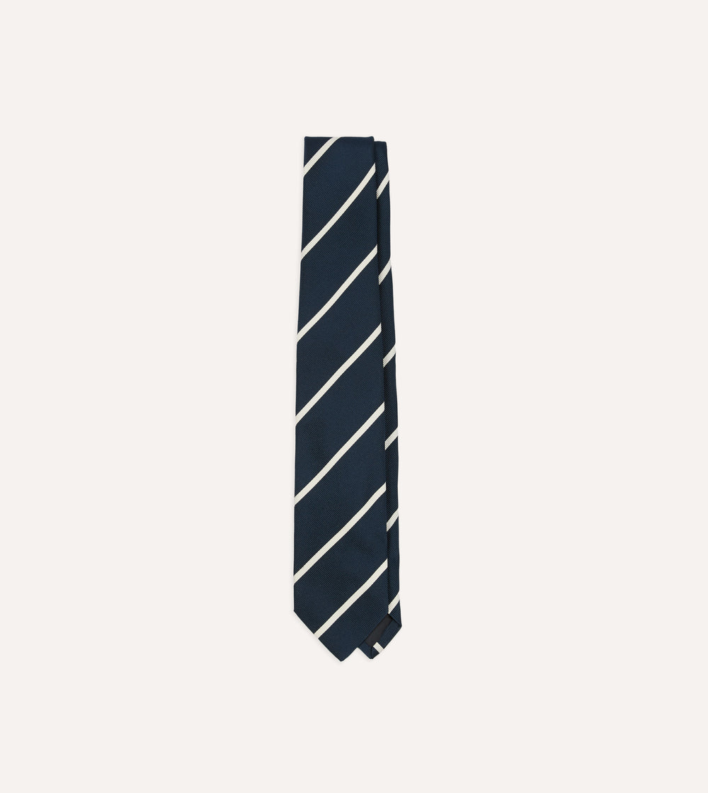 Navy and White Bar Stripe Repp Silk Tipped Tie