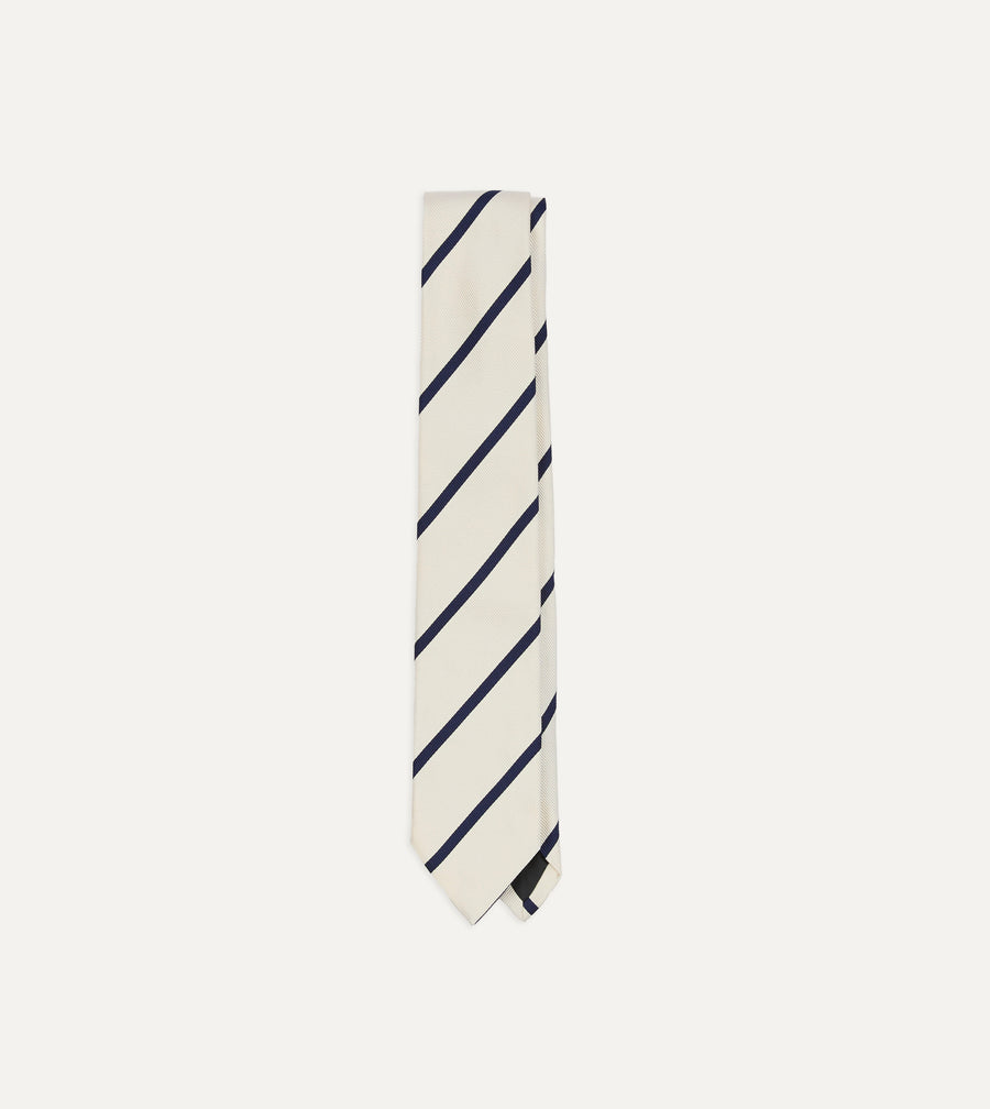 White and Navy Bar Stripe Repp Silk Tipped Tie