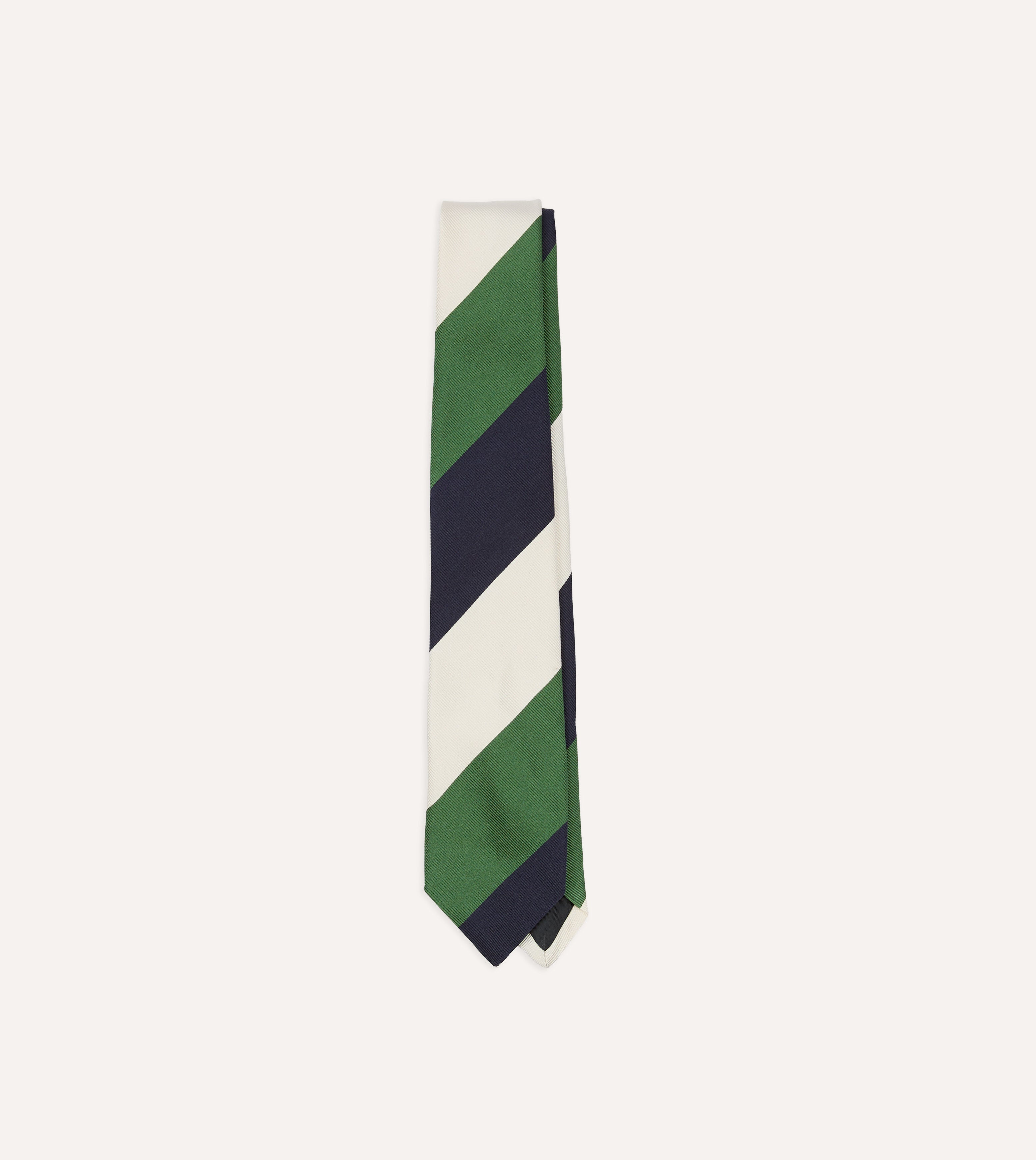 Green, Ecru and Navy Block Stripe Repp Silk Tipped Tie