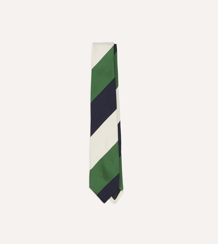 Green, Ecru and Navy Block Stripe Repp Silk Tipped Tie