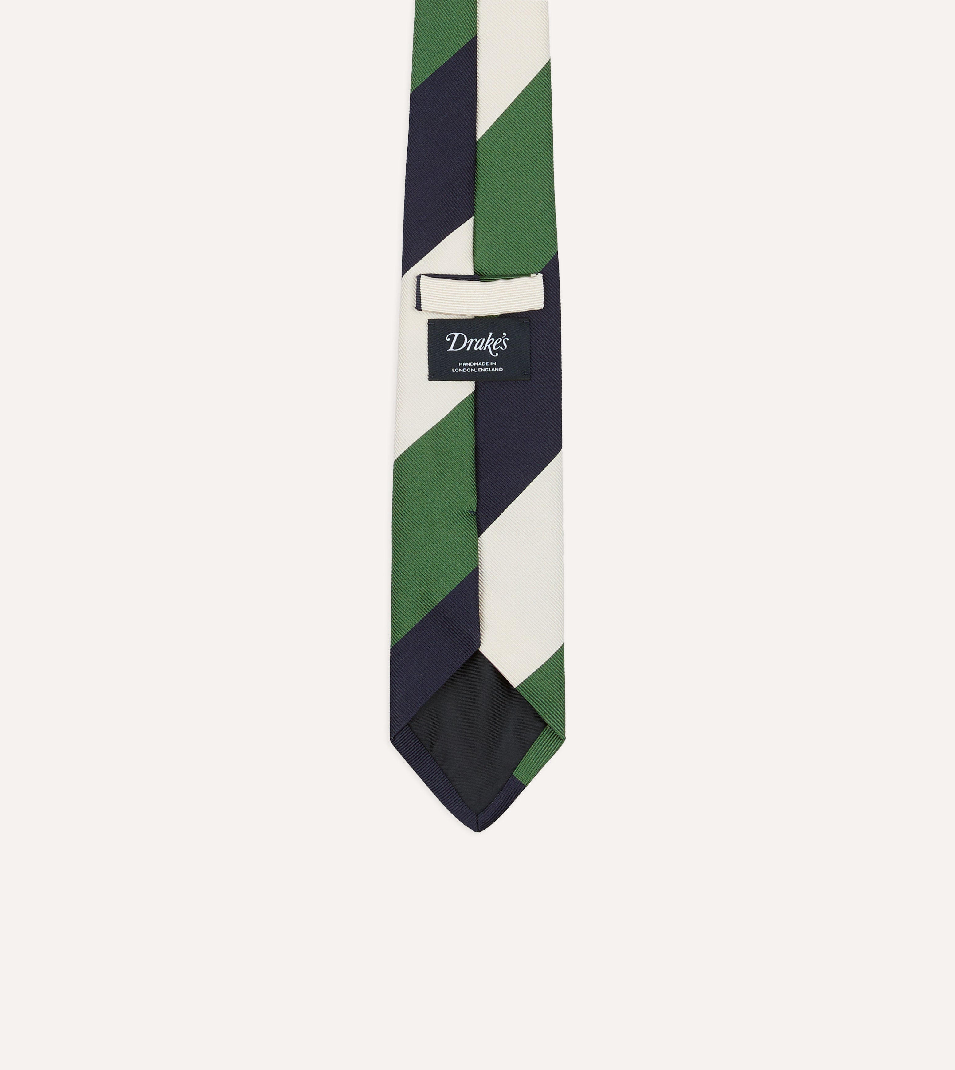 Green, Ecru and Navy Block Stripe Repp Silk Tipped Tie