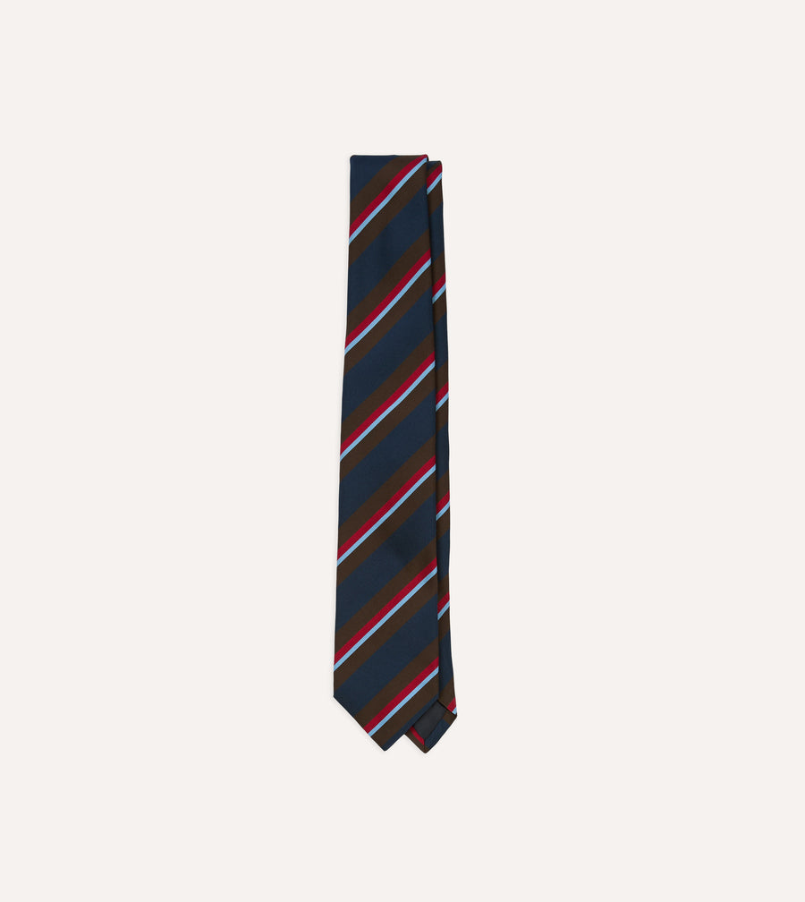 Brown and Navy Regimental Stripe Mogador Cotton-Silk Tipped Tie