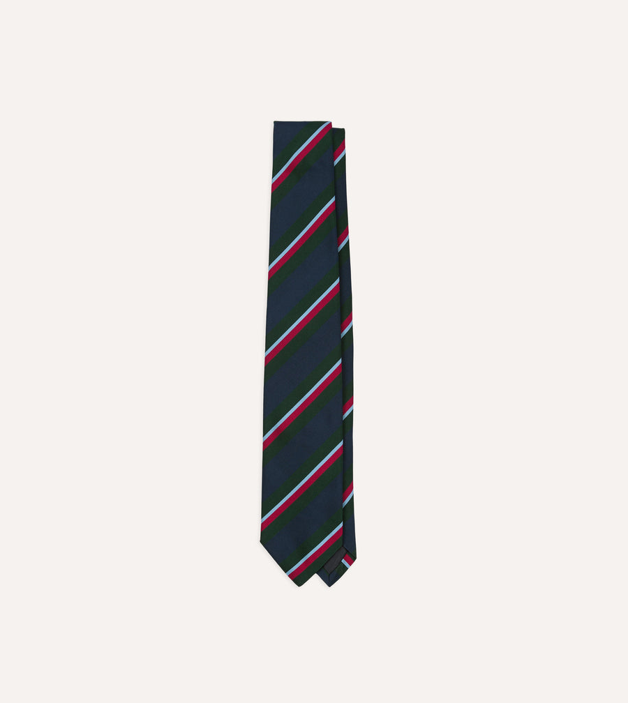Green and Navy Regimental Stripe Mogador Cotton-Silk Tipped Tie