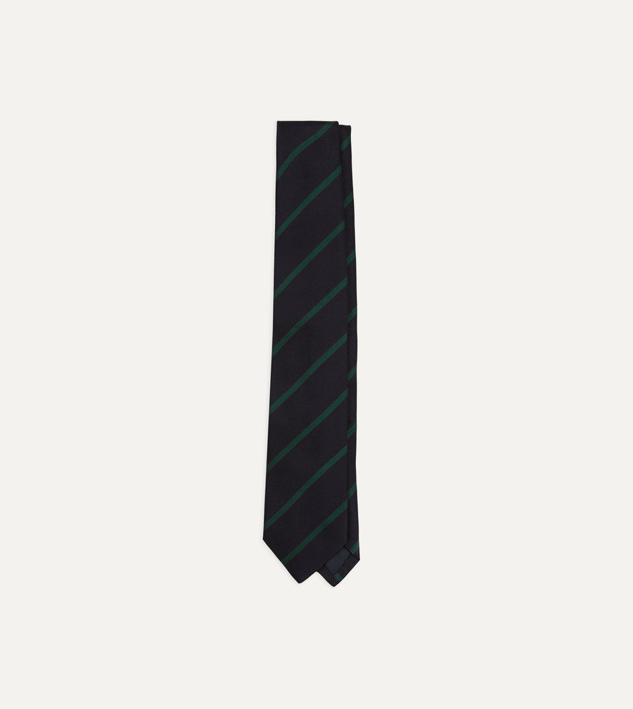 Navy and Green Line Stripe Repp Silk Tipped Tie