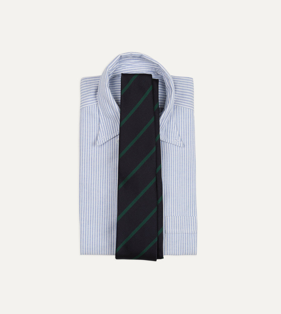 Navy and Green Line Stripe Repp Silk Tipped Tie