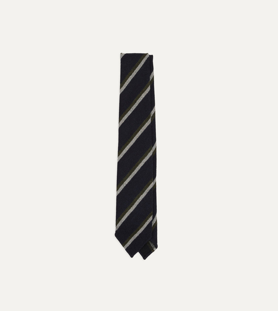 Navy, White and Green Sandwich Stripe Hand Rolled Shetland Wool Tie