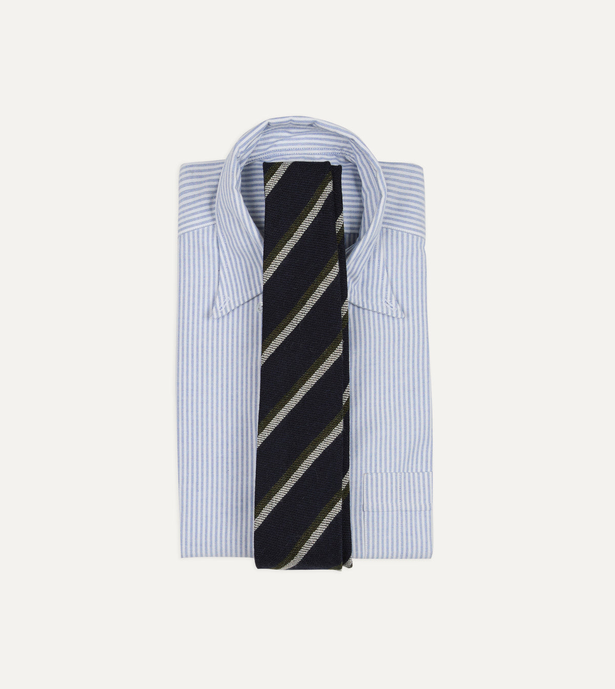 Navy, White and Green Sandwich Stripe Hand Rolled Shetland Wool Tie
