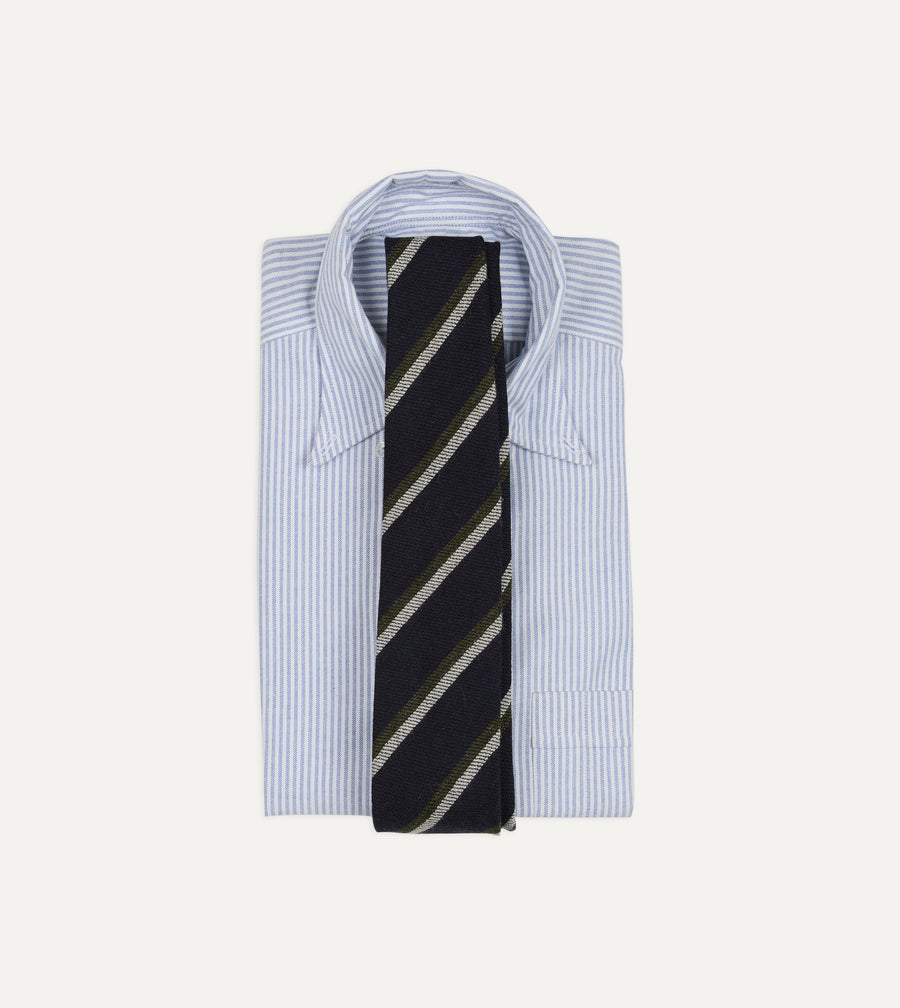 Navy, White and Green Sandwich Stripe Hand Rolled Shetland Wool Tie
