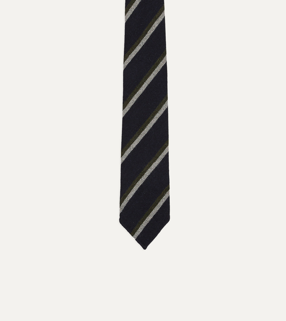 Navy, White and Green Sandwich Stripe Hand Rolled Shetland Wool Tie