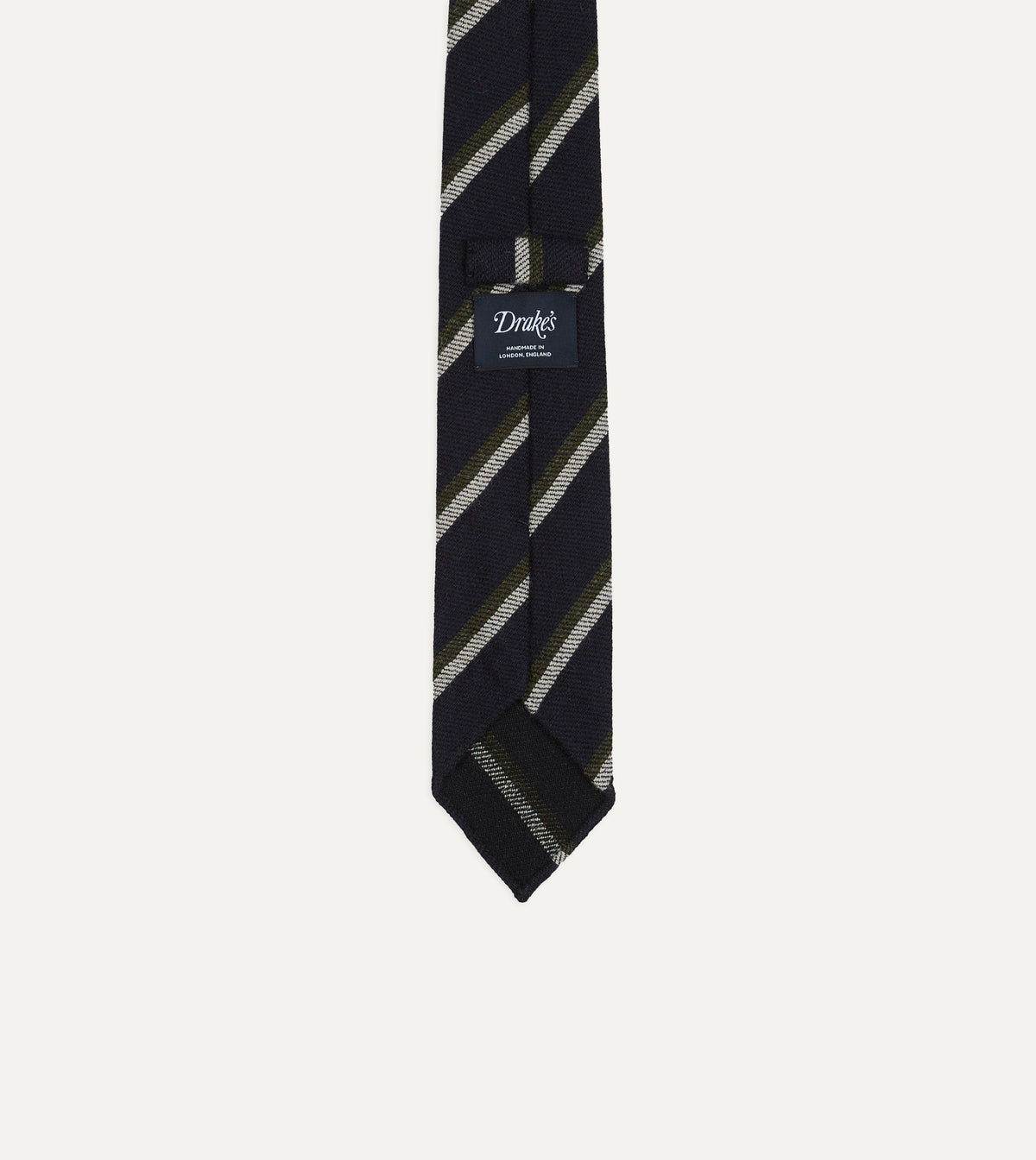 Navy, White and Green Sandwich Stripe Hand Rolled Shetland Wool Tie