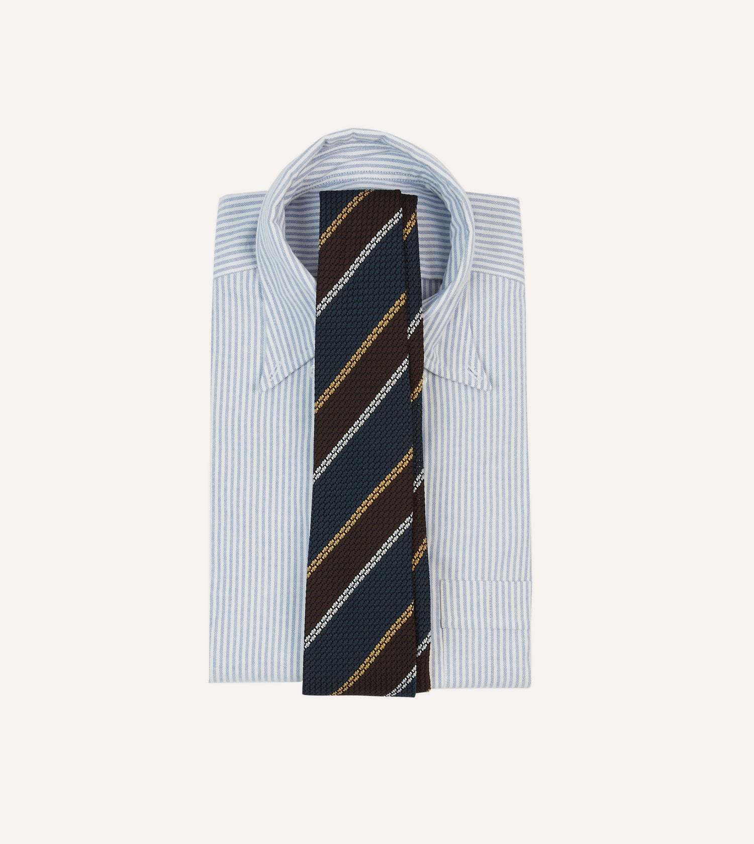 Navy, White and Brown Stripe Hand Rolled Silk Grenadine Tie