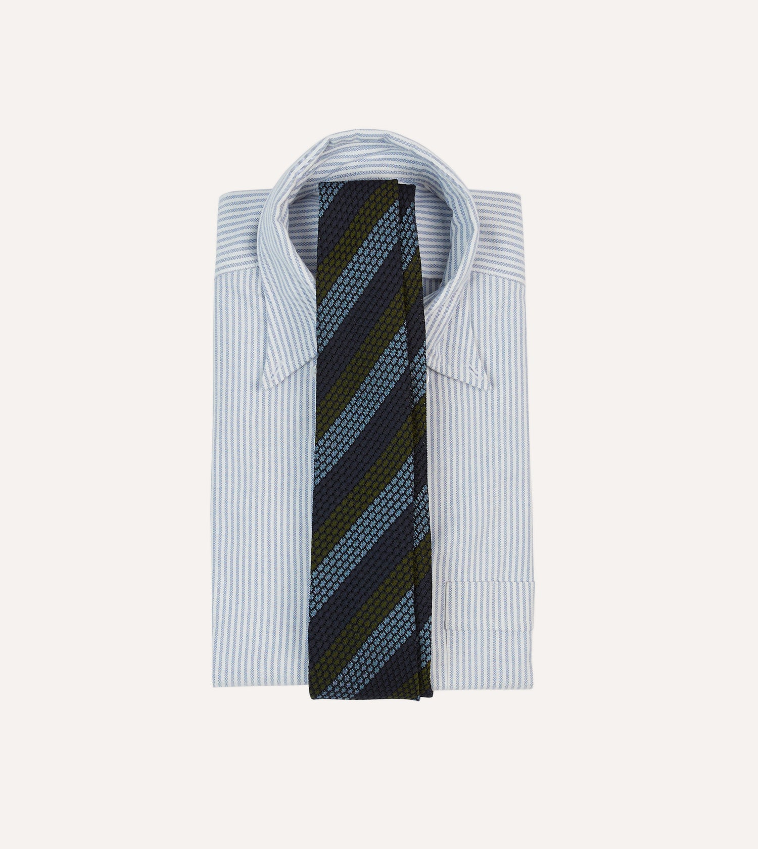 Navy, Green and Blue Block Stripe Hand Rolled Silk Grenadine Tie